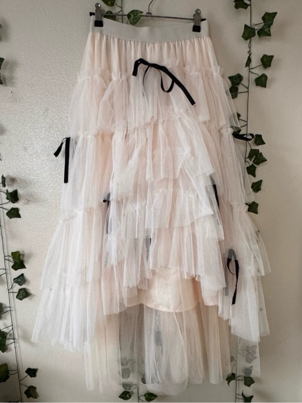 Tiered Tulle Maxi Skirt with Black Ribbon Detail - Cream